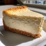 A close-up, appetizing slice of creamy white chocolate cheesecake resting on a white plate, showing a thick graham cracker crust.