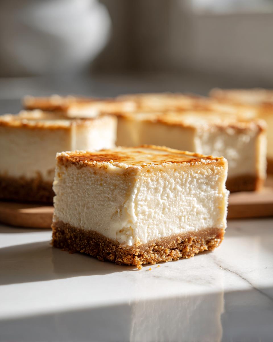 Close-up of a creamy white chocolate cheesecake square with a thick graham cracker crust, featuring a lightly browned top.