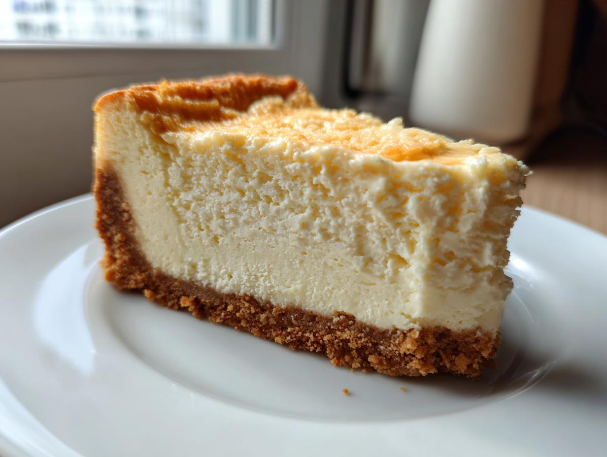 A thick slice of creamy white chocolate cheesecake with a graham cracker crust served on a white plate.