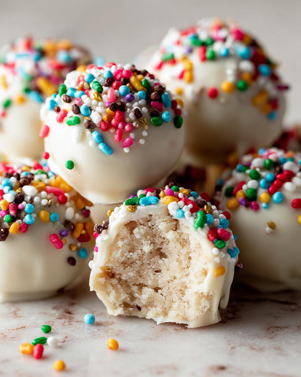 Close-up of white chocolate sugar cookie truffles topped with colorful sprinkles, one is bitten open showing the cookie dough center.