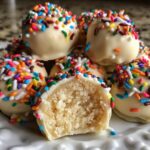 A close-up of white chocolate sugar cookie truffles covered in rainbow sprinkles, one is cut open showing the dense interior.
