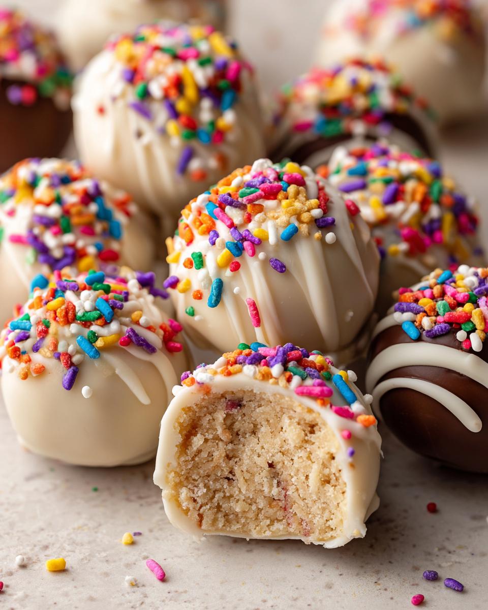 A close-up of several white chocolate sugar cookie truffles, one cut in half showing the cookie dough center, topped with colorful sprinkles.