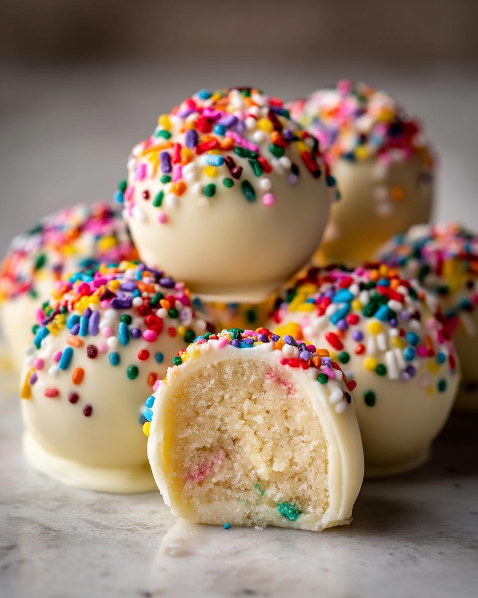 A cross-section view showing the interior of one of the white chocolate sugar cookie truffles, covered in rainbow sprinkles.