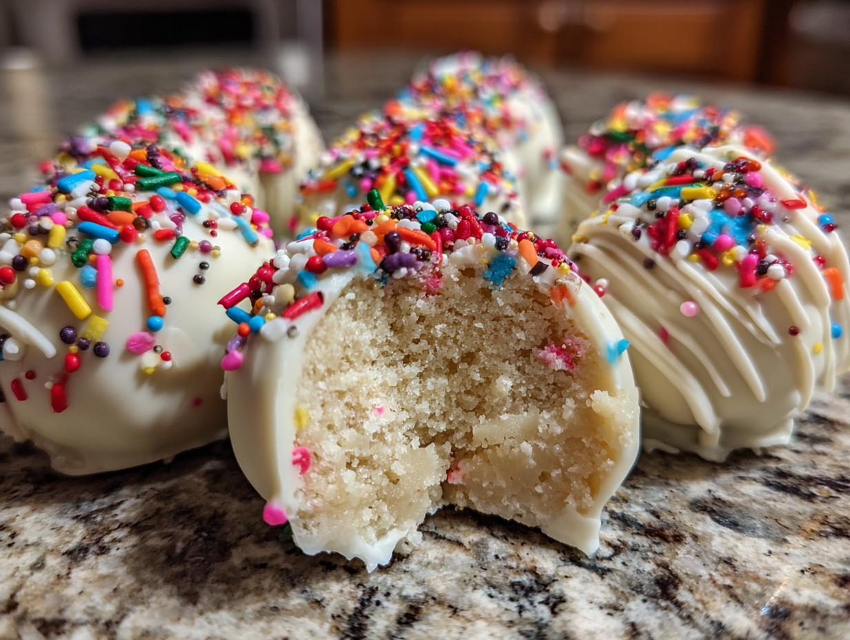 A close-up view showing the texture inside one of the white chocolate sugar cookie truffles, topped with colorful sprinkles.