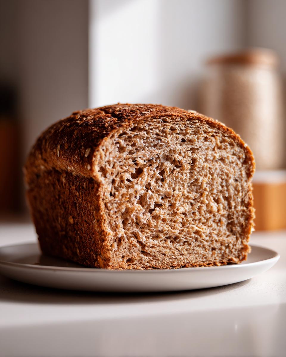 A close-up of a freshly baked whole wheat bread loaf cut in half, showing its dense, brown crumb texture.