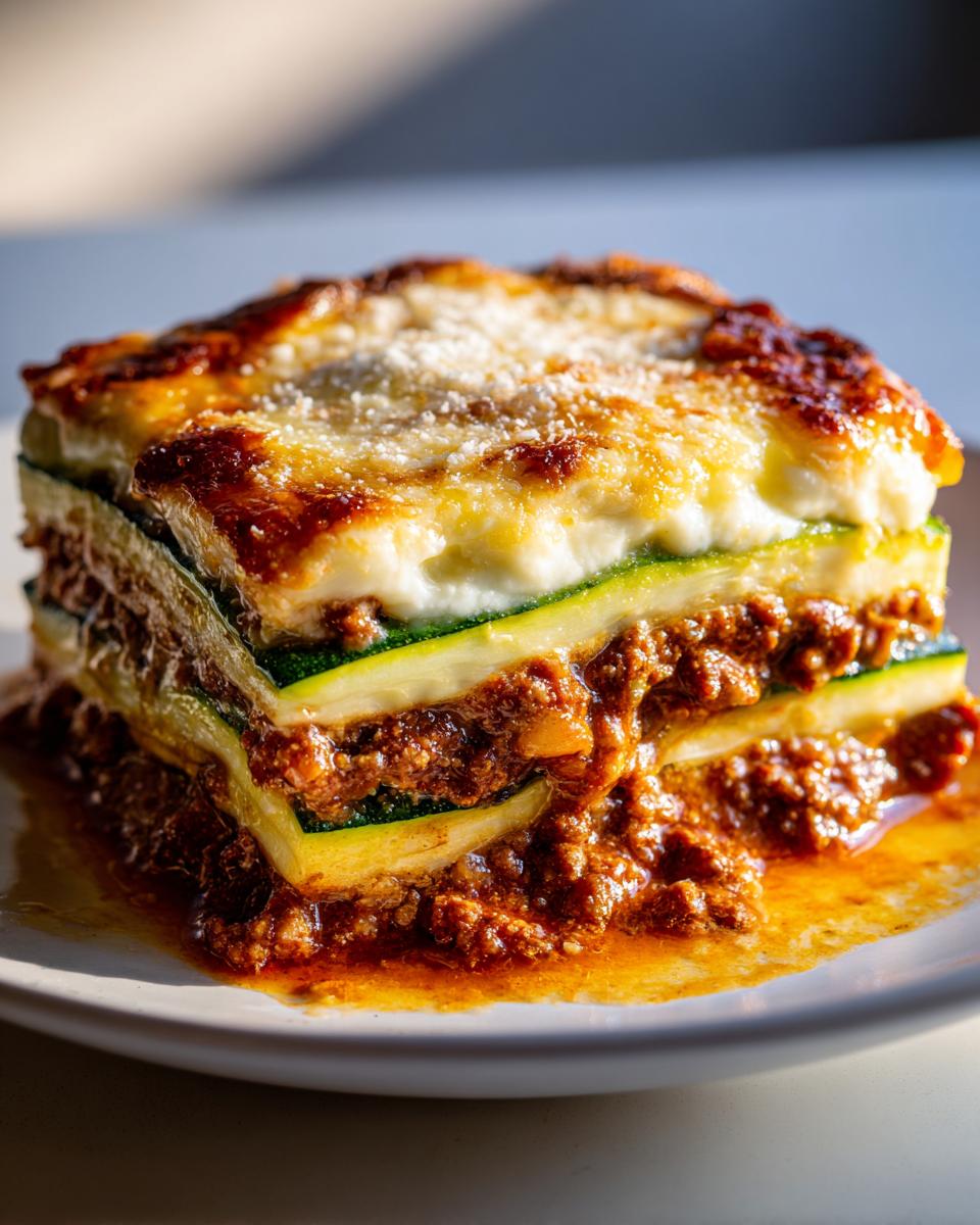 A tall, layered slice of zucchini lasagna featuring rich meat sauce and a browned, cheesy top layer.