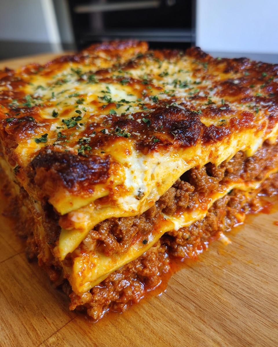 A thick, layered slice of baked zucchini lasagna showing rich meat sauce and melted, browned cheese topping.