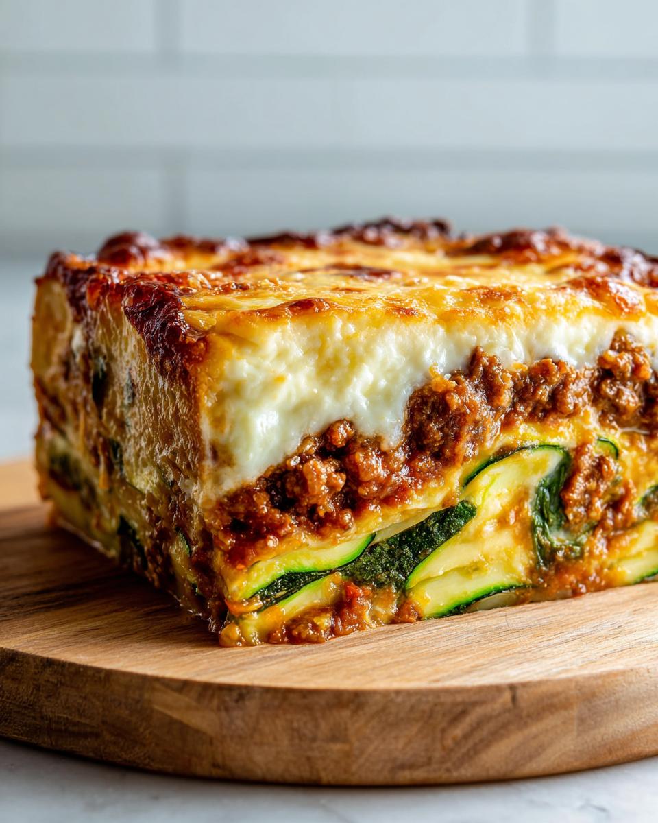 A thick, layered slice of zucchini lasagna featuring meat sauce, zucchini noodles, and a cheesy béchamel topping.