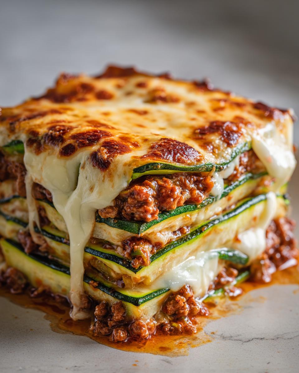 A tall, layered slice of zucchini lasagna featuring zucchini noodles, meat sauce, and oozing melted cheese.