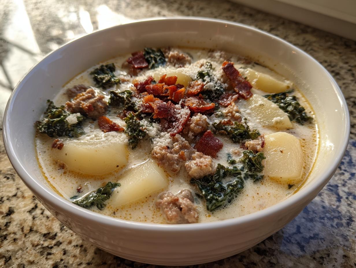A close-up of a hearty bowl of Zuppa Toscana soup with sausage, potatoes, kale, and bacon.