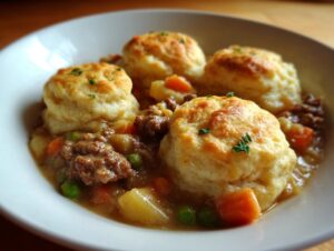 Close-up of a hearty bowl of ground beef and dumplings stew with carrots and peas, topped with golden biscuits.