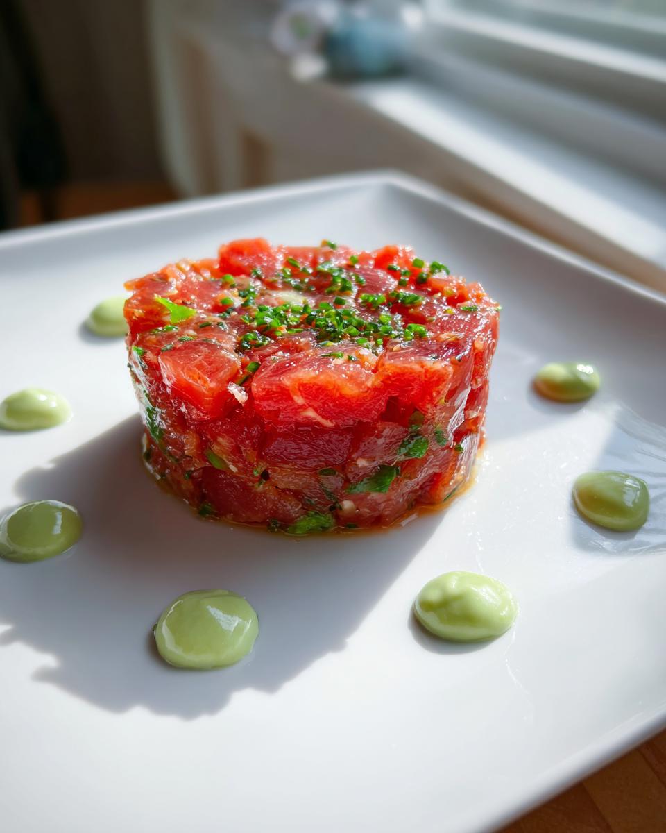 A vibrant, cylindrical stack of fresh tuna tartare topped with chives, served on a white plate with dollops of avocado cream.