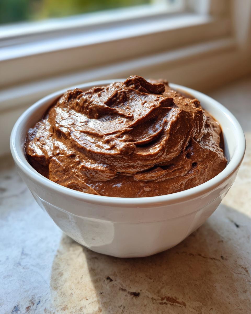 A close-up of rich, thick chocolate dip swirled in a white bowl, set near a window.
