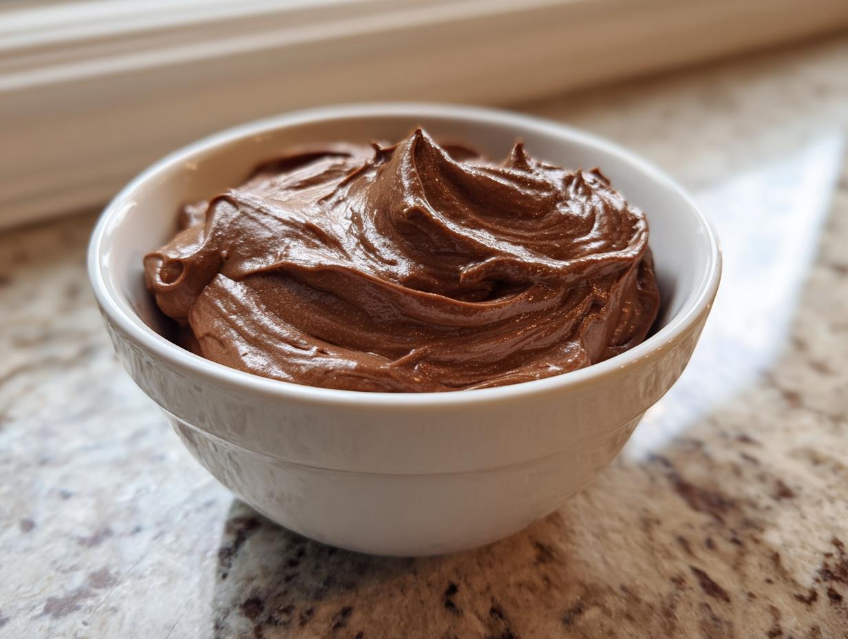 A close-up of rich, swirled 3-ingredient chocolate dip served in a small white bowl on a granite countertop.