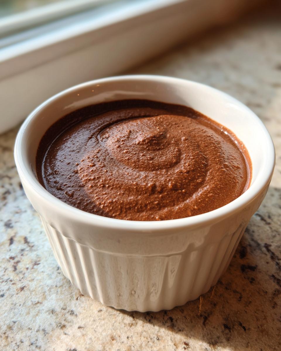 A close-up of thick, rich chocolate dip swirled in a white ramekin, sitting on a granite countertop.