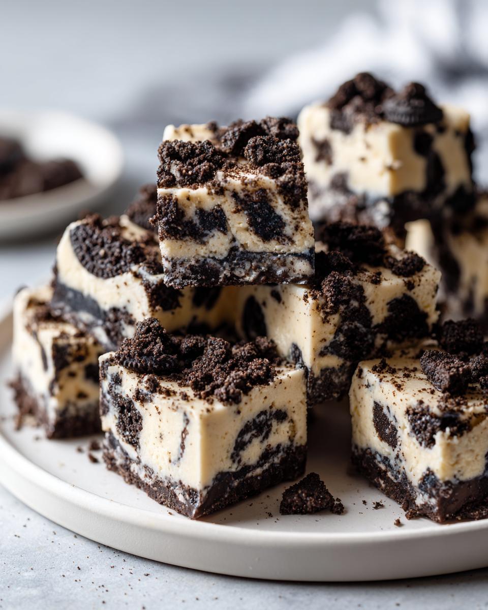 Close-up of stacked squares of creamy white and dark chocolate Oreo fudge, topped with crushed Oreo cookies.