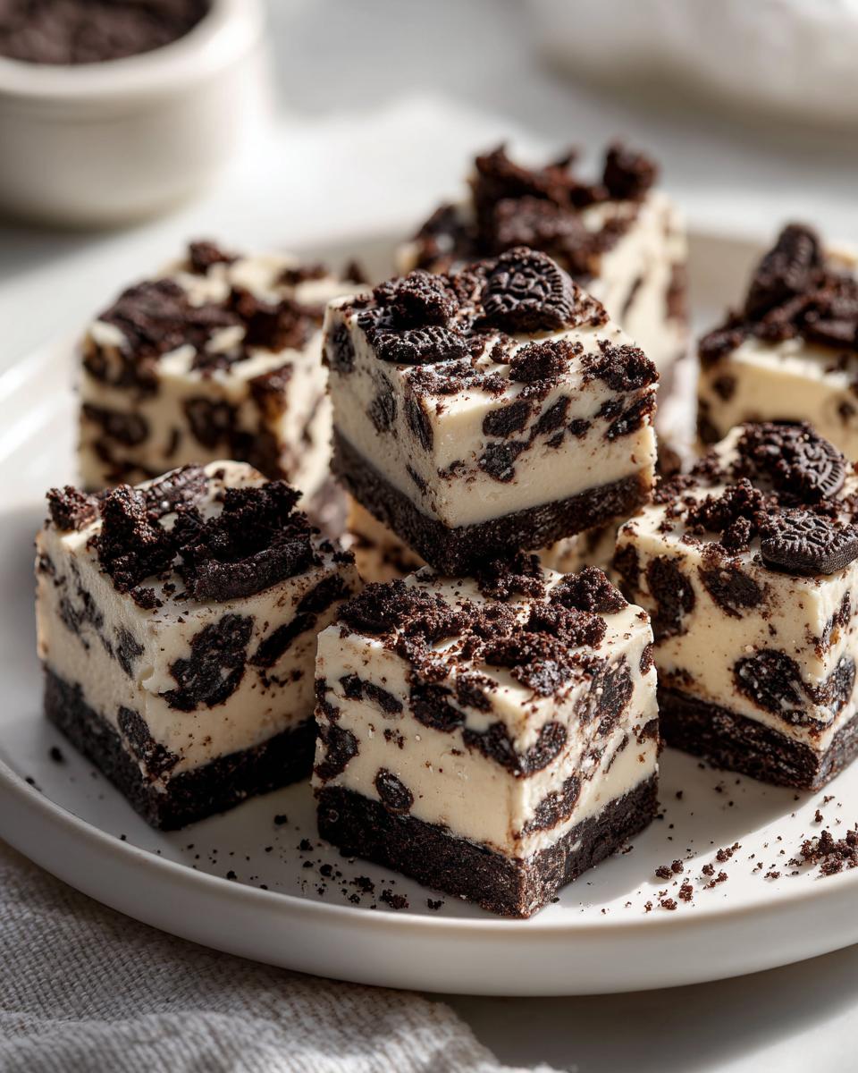 Several squares of creamy white Oreo fudge loaded with crushed chocolate cookies on a white plate.