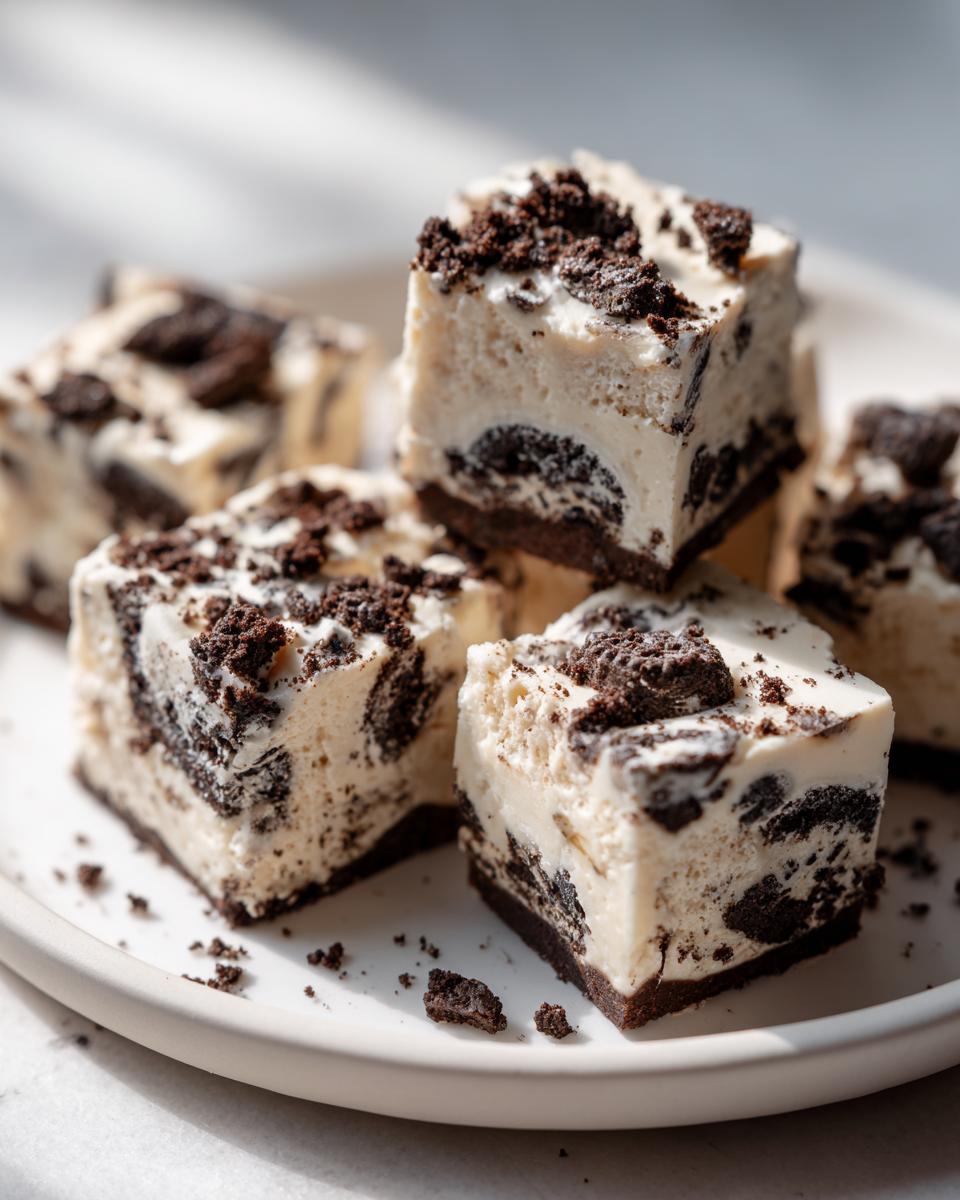 Close-up of several creamy cubes of 3-ingredient Oreo fudge loaded with dark cookie pieces, served on a white plate.