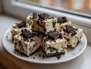 Several squares of creamy white Oreo fudge loaded with crushed chocolate cookies, topped with small Oreo pieces.