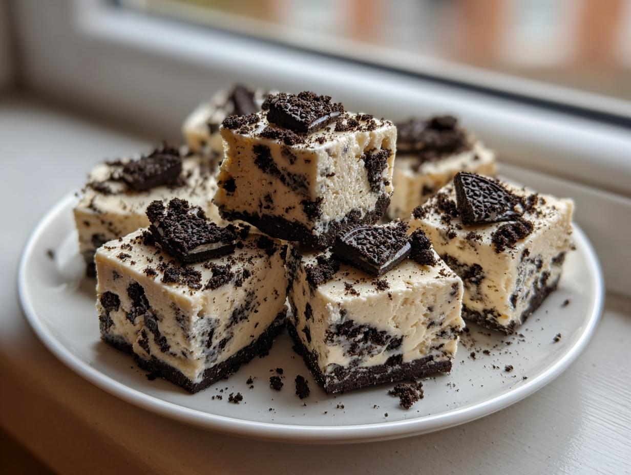 Several squares of creamy white Oreo fudge loaded with crushed chocolate cookies, topped with small Oreo pieces.