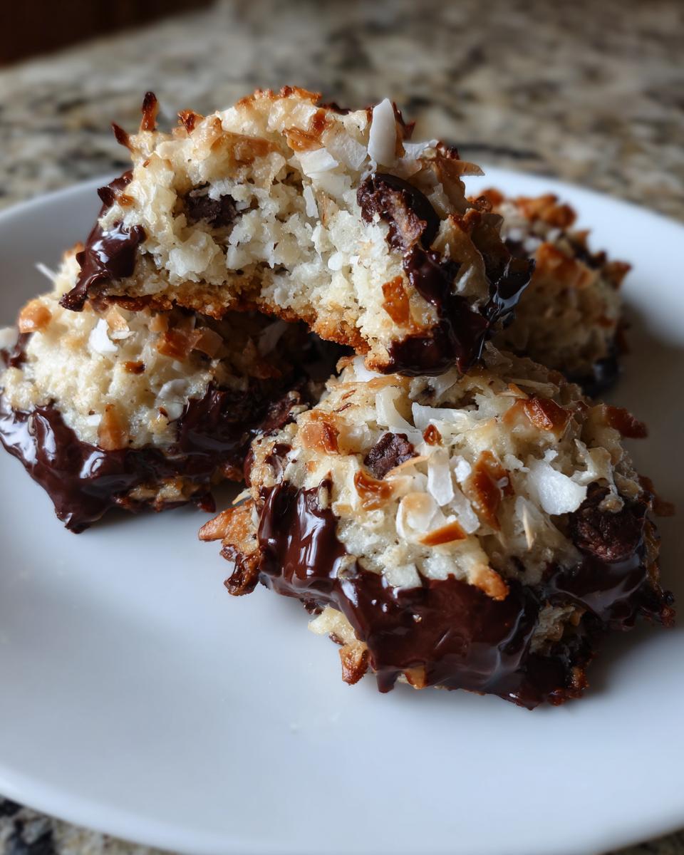A stack of freshly baked almond joy cookies, featuring toasted coconut and a rich chocolate drizzle.
