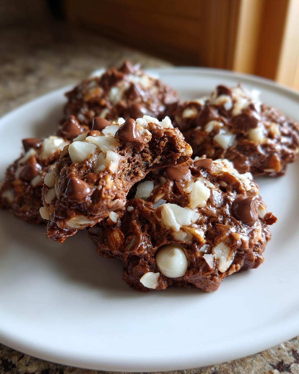 A close-up of several rich, fudgy almond joy cookies studded with chocolate chips and coconut flakes, one cookie is broken open.