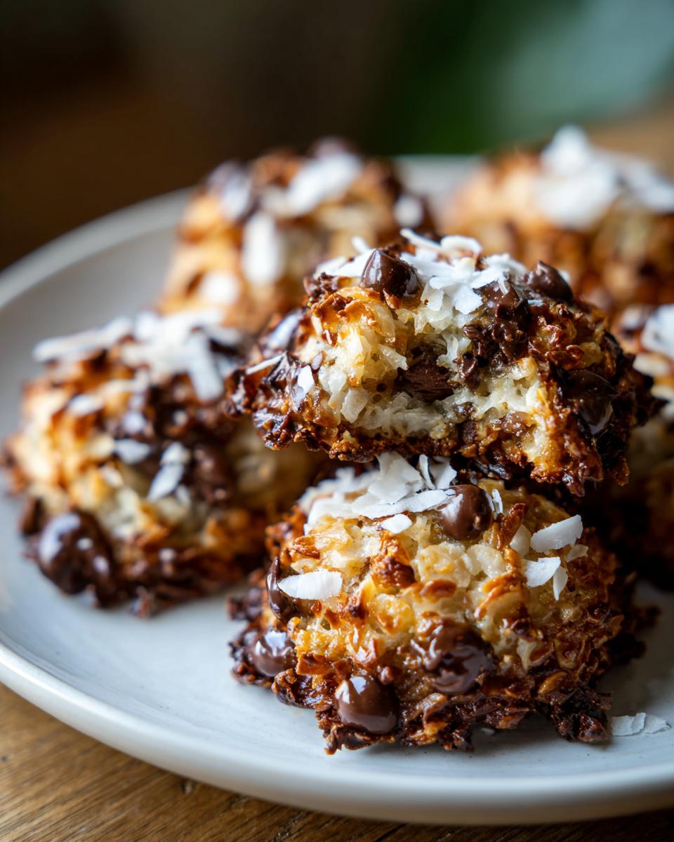 Close-up of several chewy almond joy cookies loaded with chocolate chips and topped with shredded coconut.