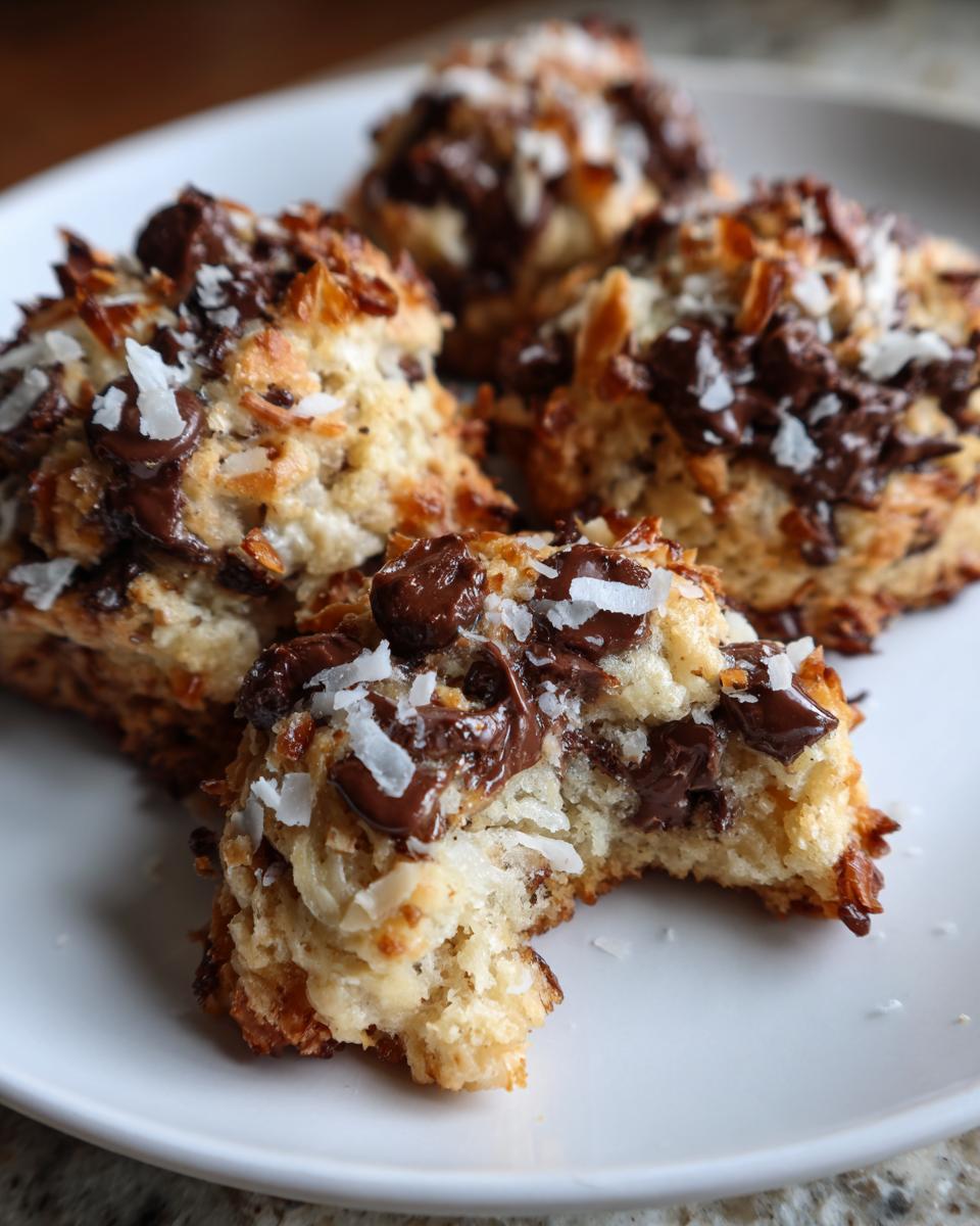 Close-up of several gooey almond joy cookies topped with melted chocolate chips and shredded coconut flakes.