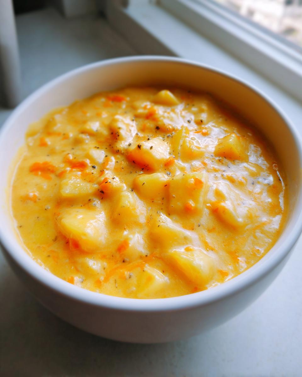 Close-up of a thick, creamy bowl of cheese soup loaded with chunks of potato and visible shredded carrots, seasoned with pepper.