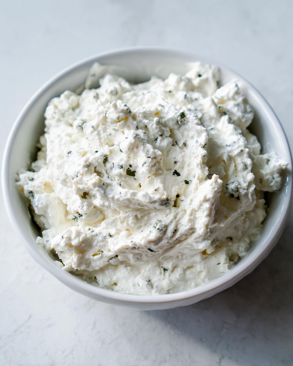 Close-up of a thick, chunky blue cheese dip mixed with herbs, served in a white bowl.