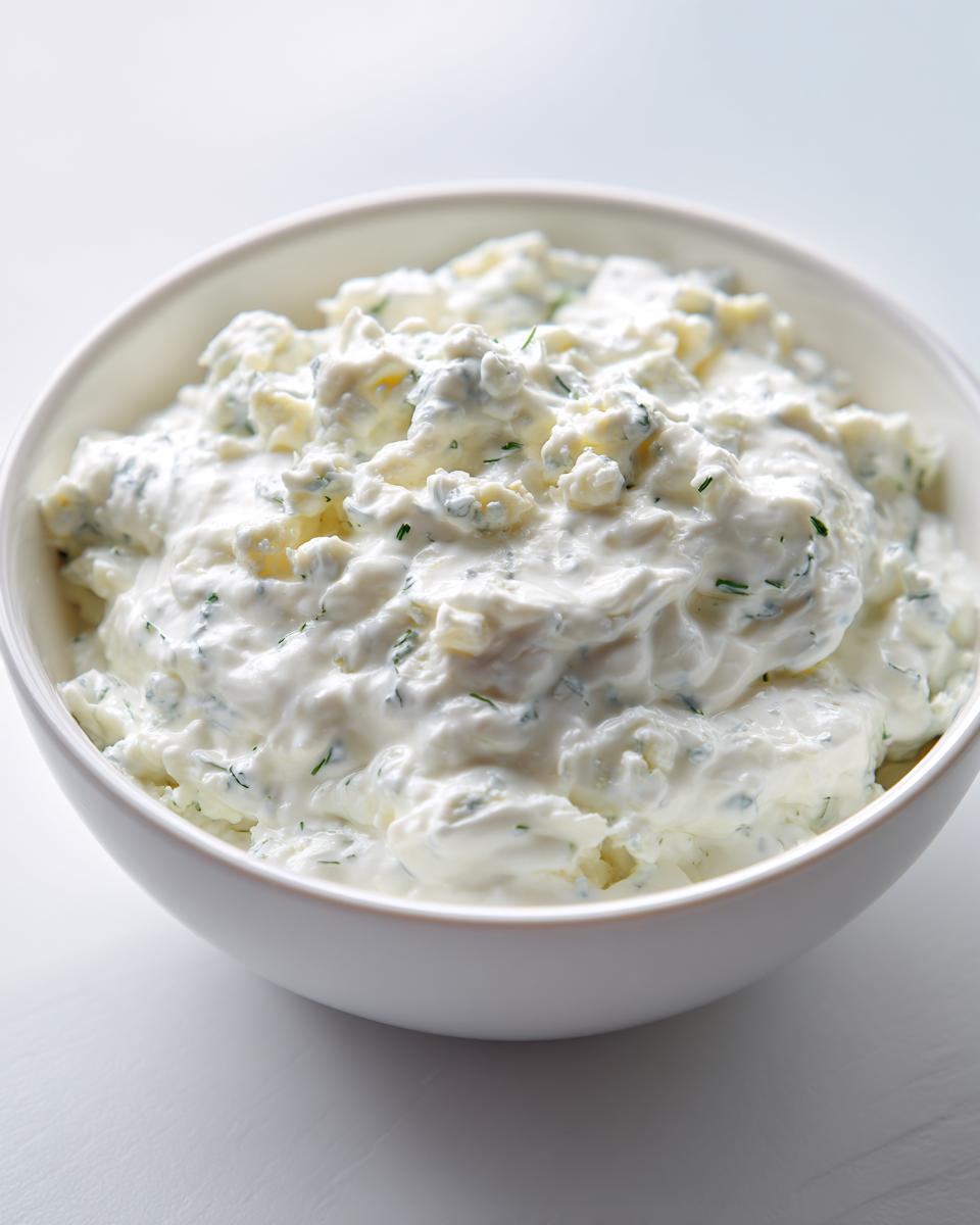 Close-up of a thick, creamy blue cheese dip mixed with herbs, served in a white bowl.