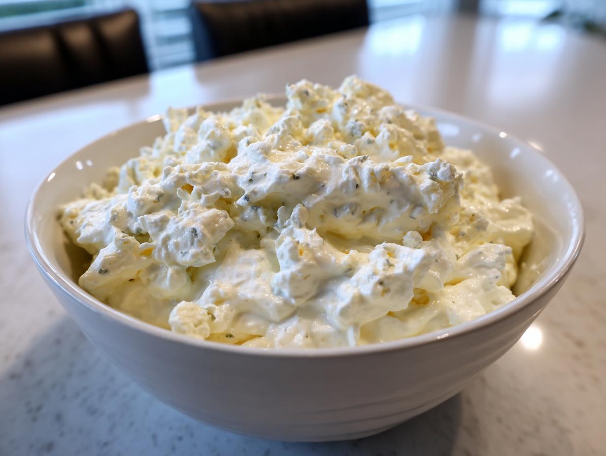 A close-up of chunky, creamy blue cheese dip generously filling a white bowl on a light countertop.