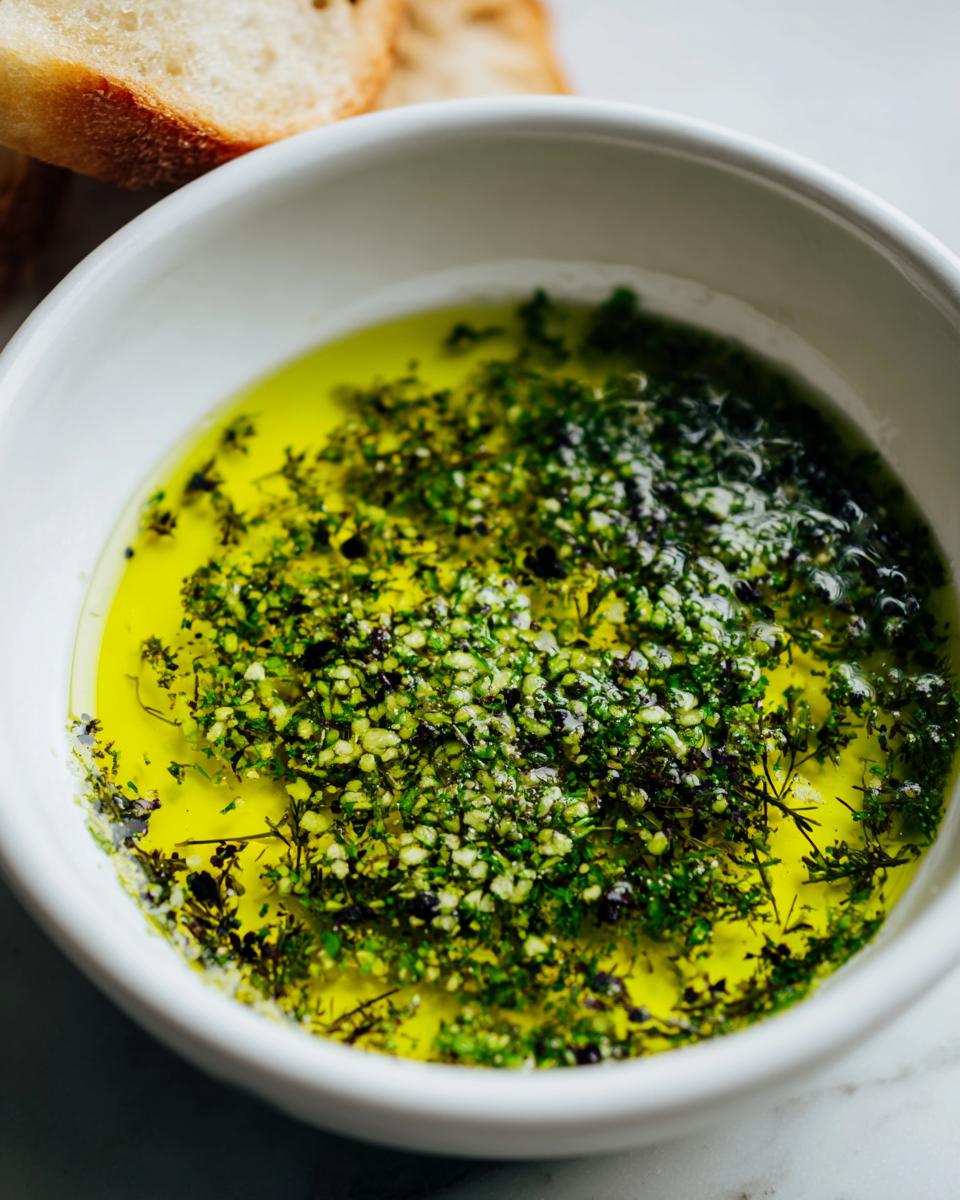 Close-up of vibrant green herbs and minced garlic floating in bright yellow olive oil for an olive oil bread dip.