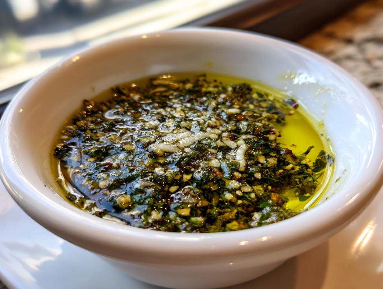 Close-up of a white bowl filled with flavorful olive oil bread dip, featuring minced garlic and green herbs.