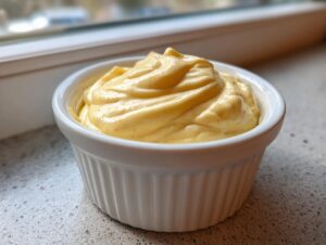 A close-up of thick, creamy hollandaise sauce swirled high in a small white ramekin.