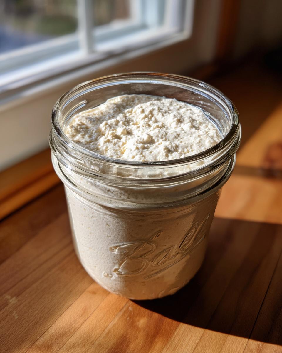 A vibrant, bubbly sourdough starter overflowing slightly in a clear Ball mason jar, sitting on a sunlit wooden counter.