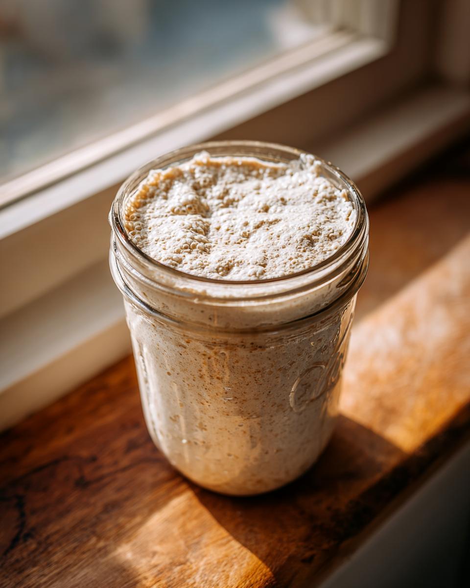 A jar filled with an active, bubbly sourdough starter sitting on a sunny wooden windowsill.