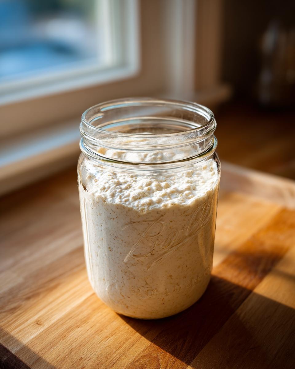 A bubbly, active sourdough starter filling a glass Ball jar, sitting on a wooden counter near a window.