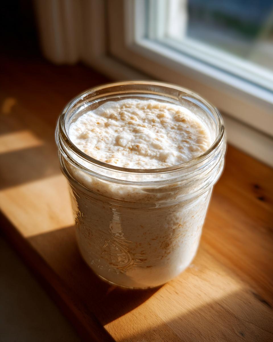 A bubbly, active sourdough starter in a glass jar sitting on a sunlit wooden windowsill.