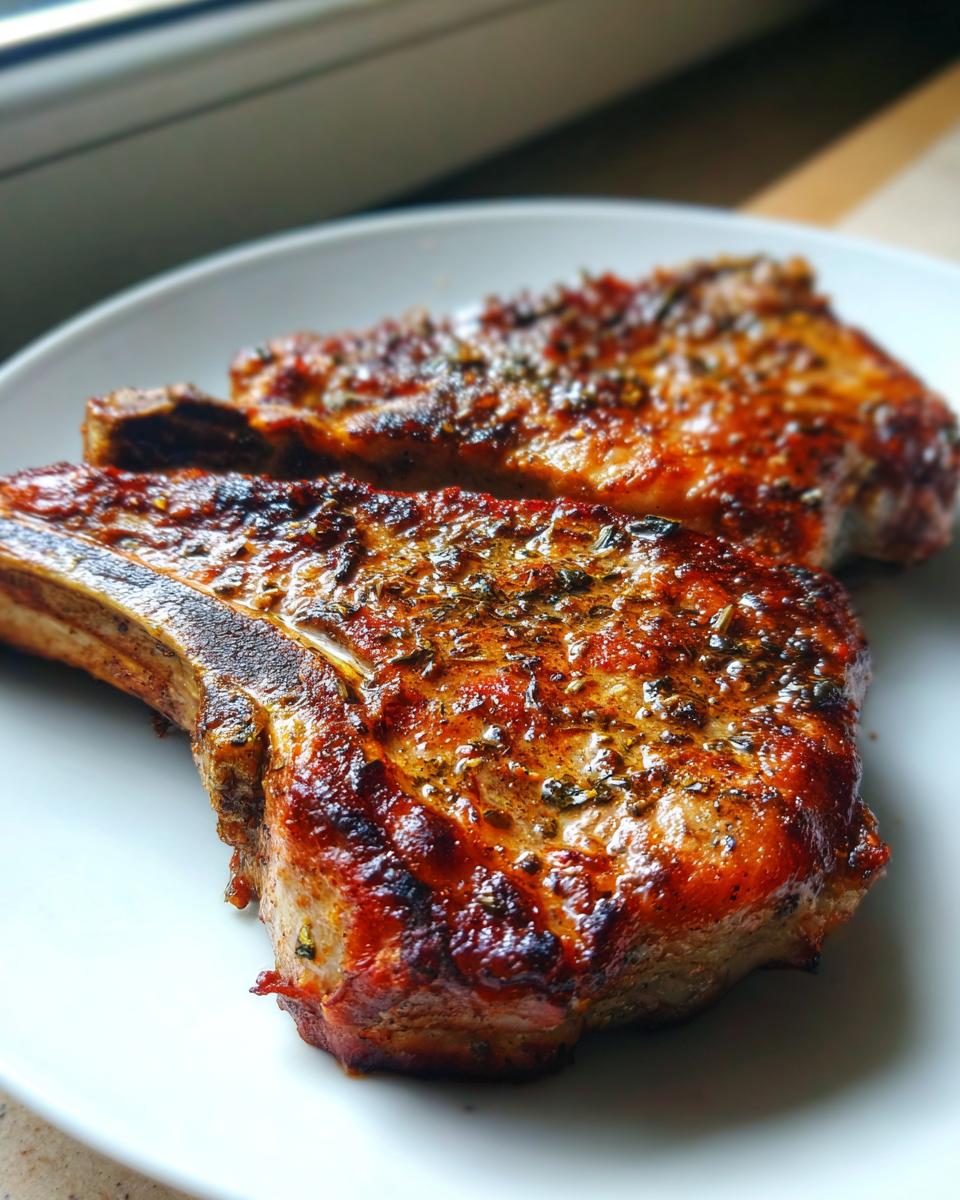 Two beautifully seared, bone-in air fryer pork chops seasoned with herbs resting on a white plate.