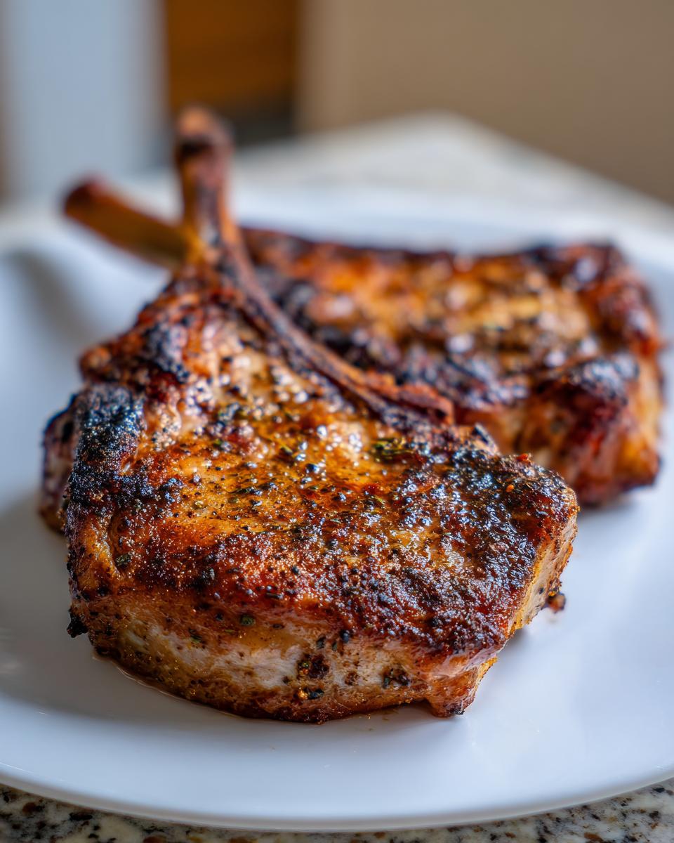 Close-up of two juicy, bone-in air fryer pork chops with a beautiful brown crust on a white plate.