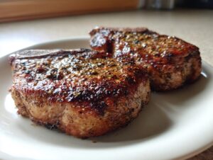 Two thick, seasoned air fryer pork chops with a beautiful sear resting on a white plate.