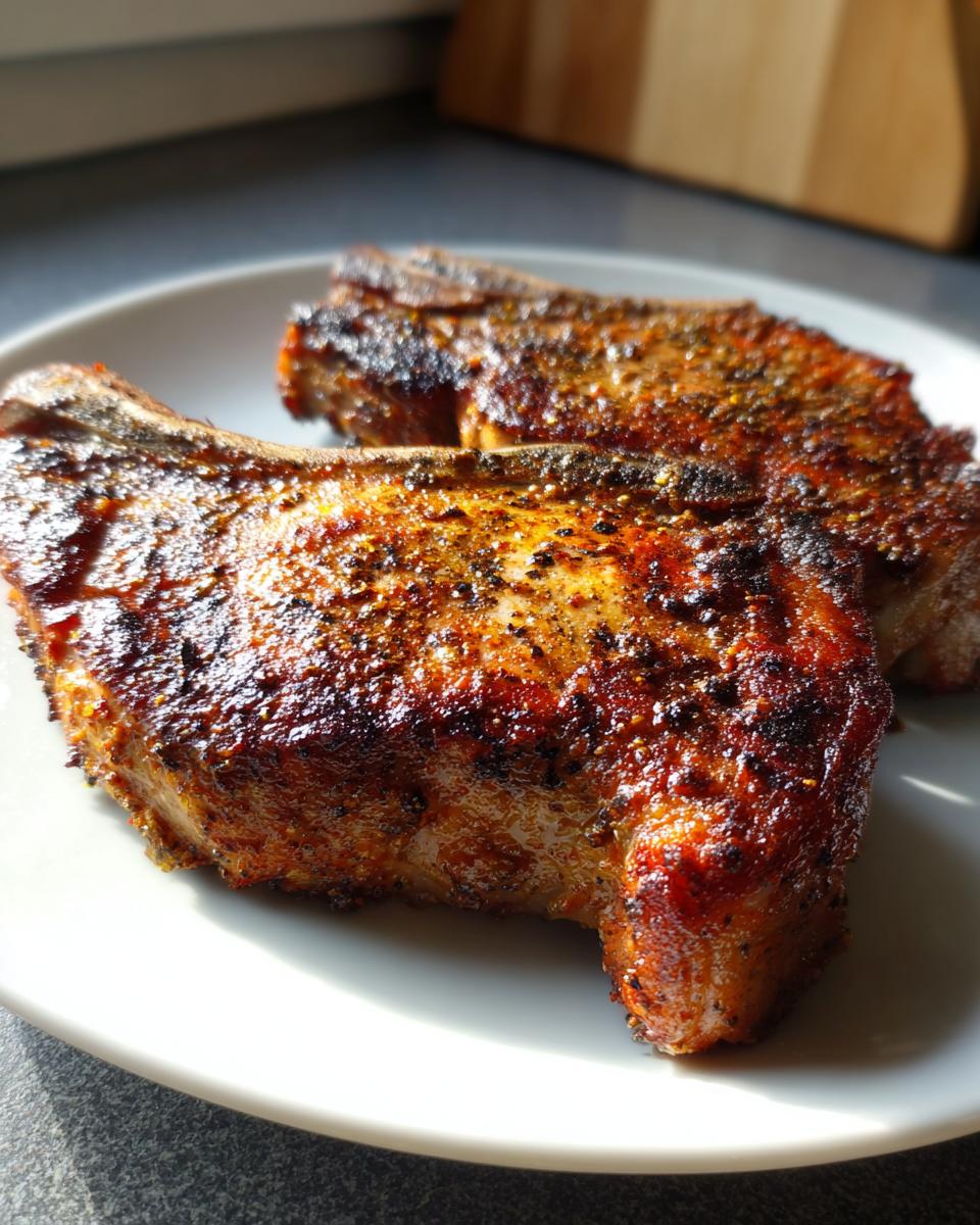Two beautifully seasoned and seared air fryer pork chops resting on a white plate, showing a crispy, dark crust.