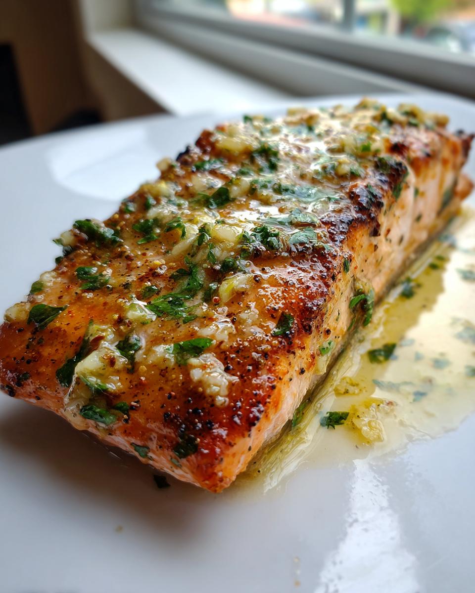Close-up of a moist, flaky piece of air fryer salmon topped with a glistening garlic herb butter sauce.