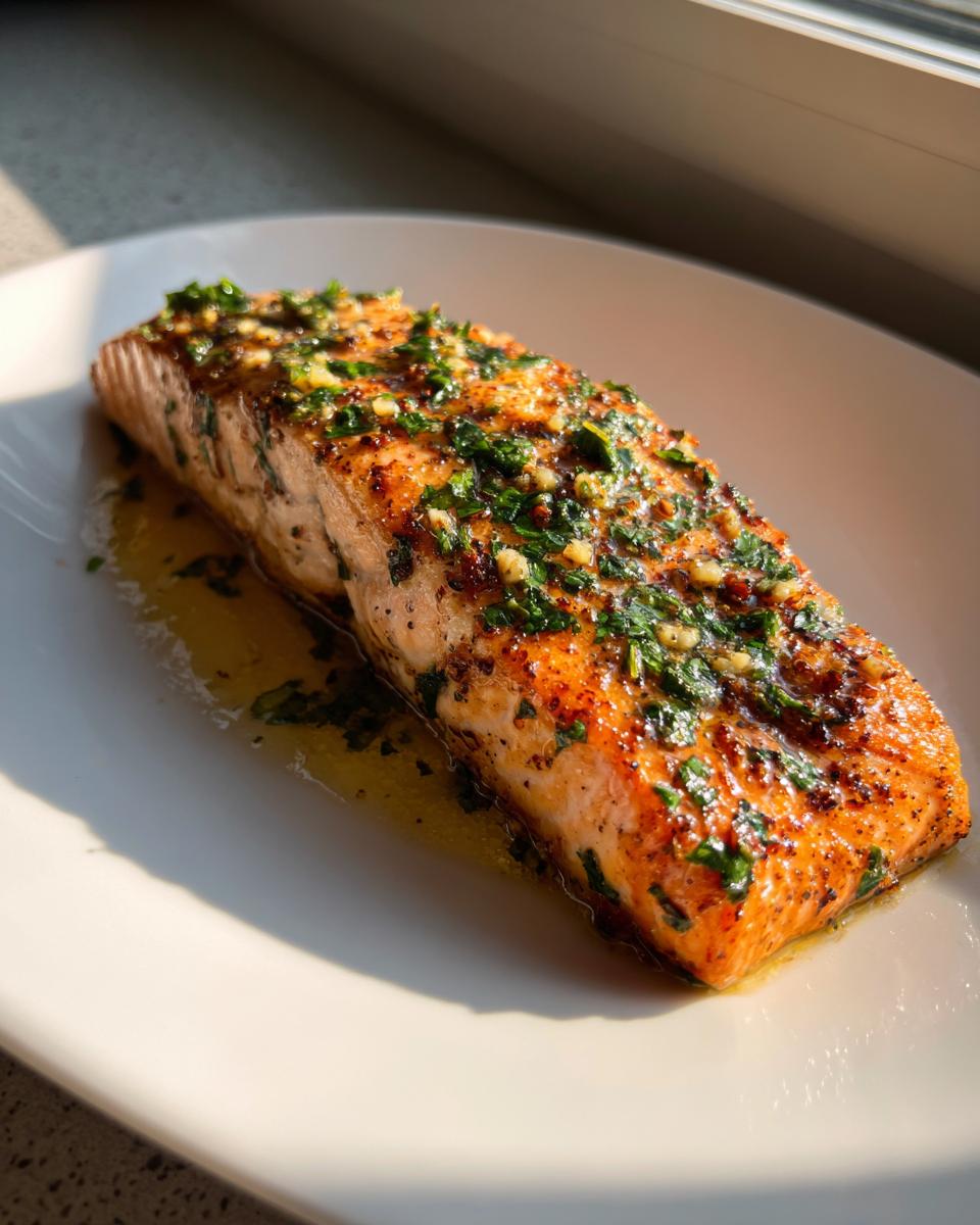A golden brown fillet of air fryer salmon topped with minced garlic and fresh parsley, resting in butter sauce.