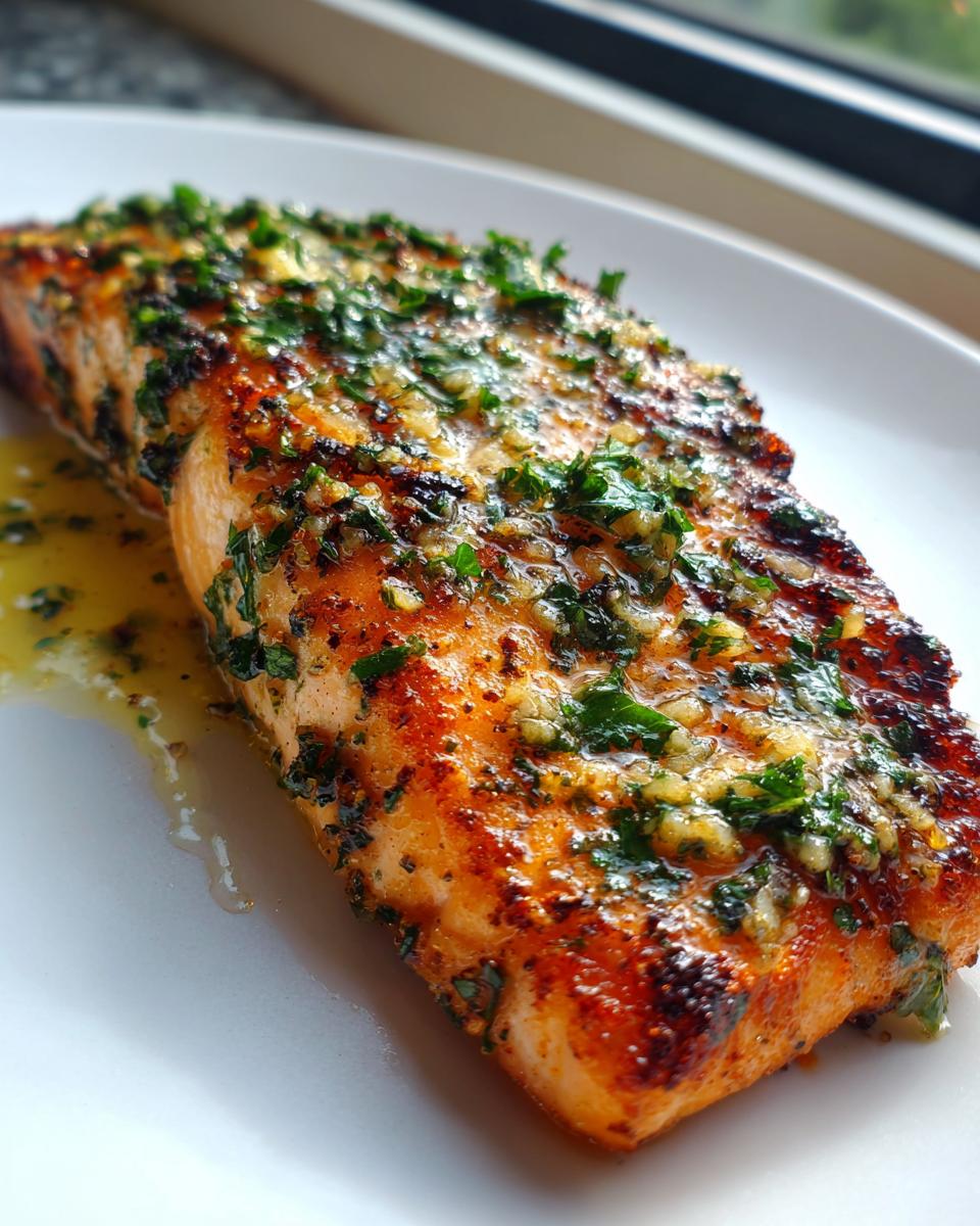 Close-up of a beautifully cooked fillet of air fryer salmon topped with garlic and fresh parsley.