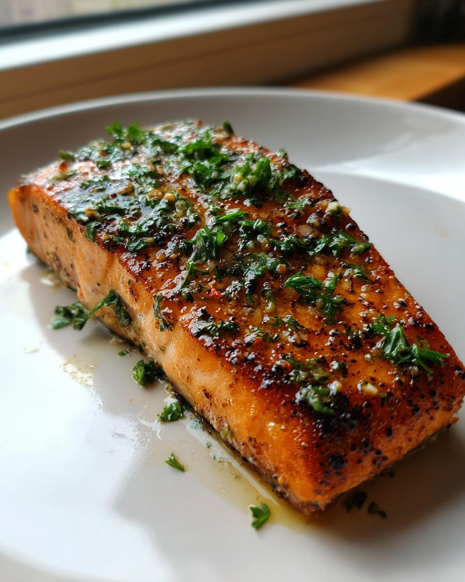 A close-up of a glistening, perfectly cooked piece of air fryer salmon topped with melted butter, garlic, and fresh parsley.