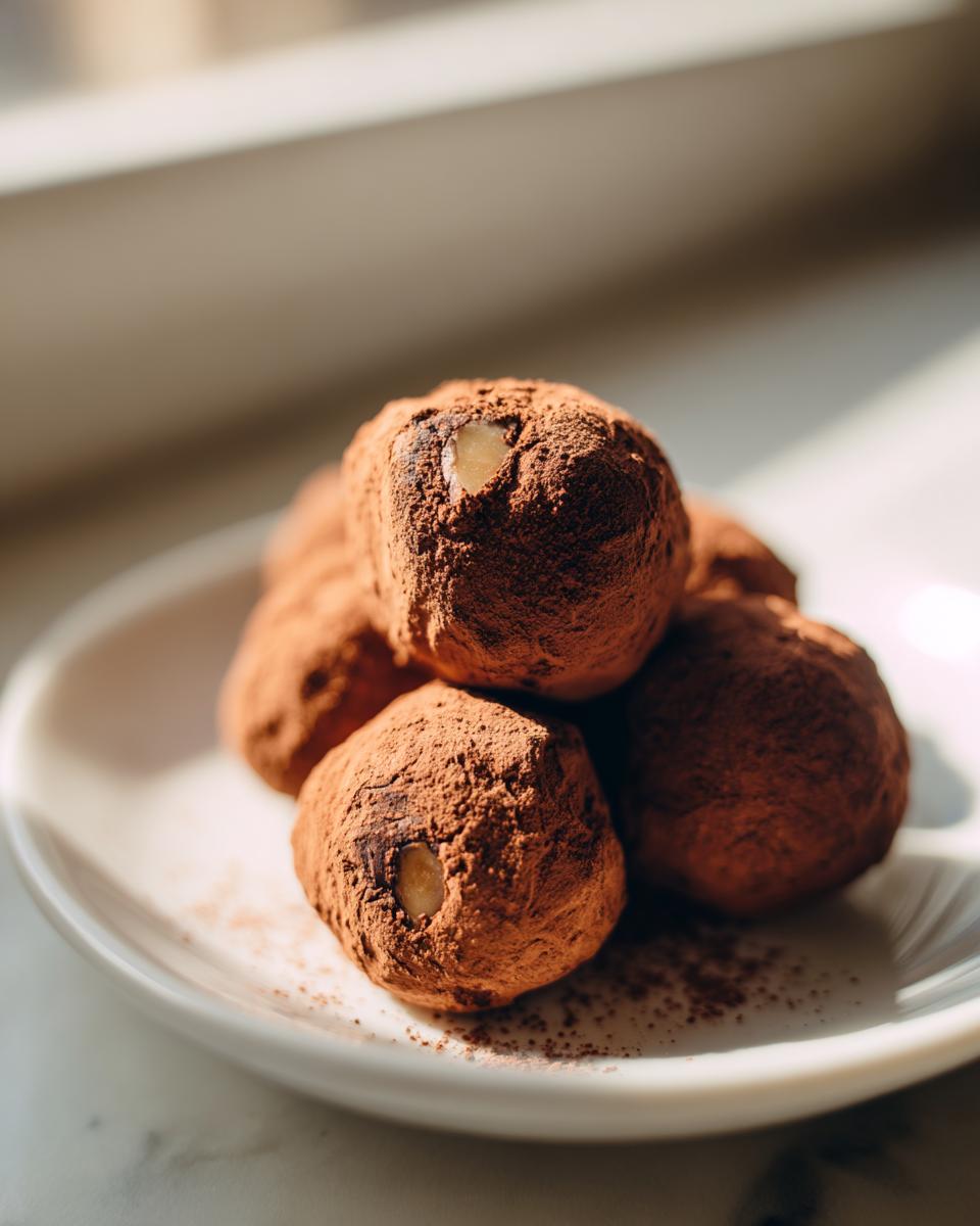 A small pile of rich, cocoa-dusted almond joy truffles, each topped with a visible almond piece, sitting on a white plate.