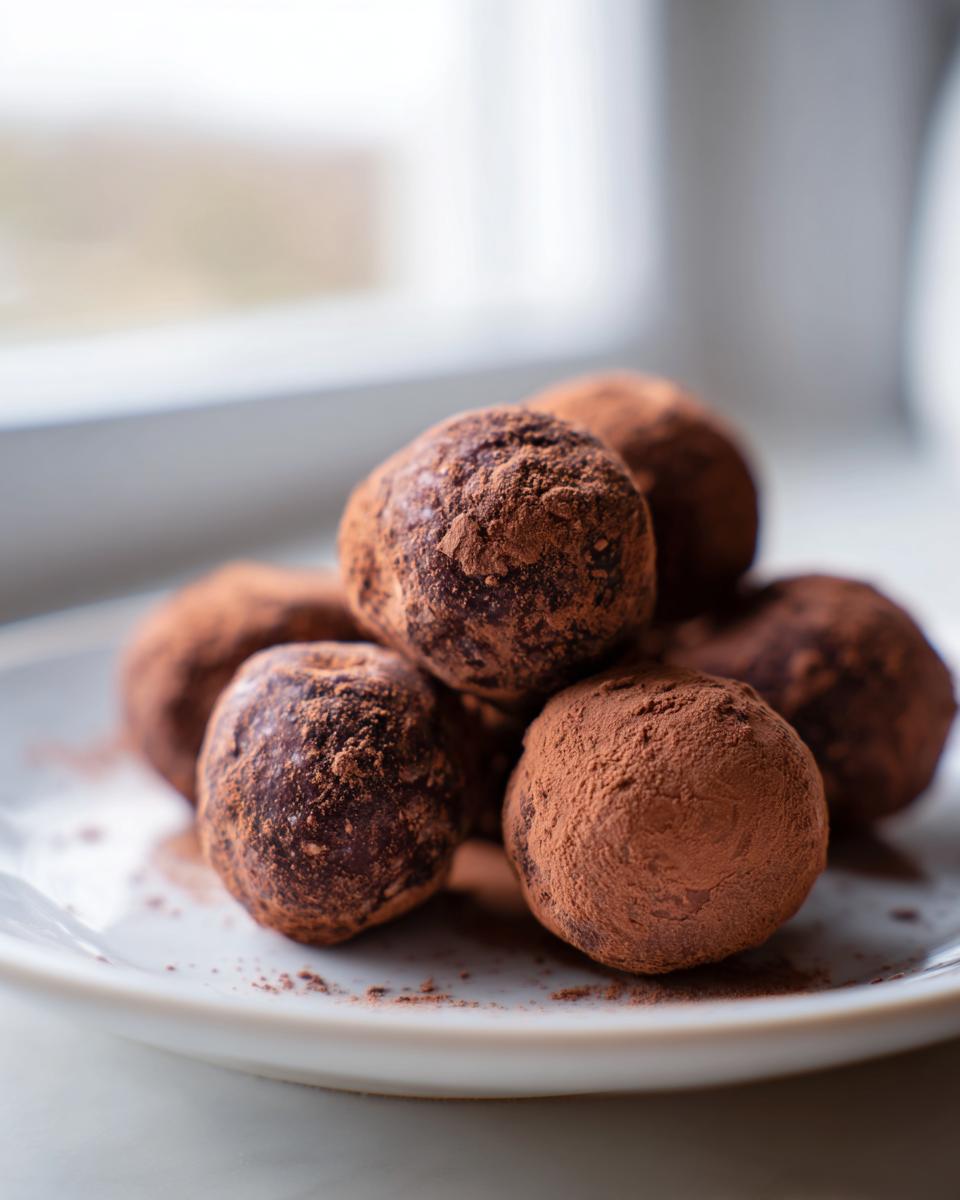 A close-up of several rich, round almond joy truffles heavily dusted with cocoa powder, stacked on a white plate.