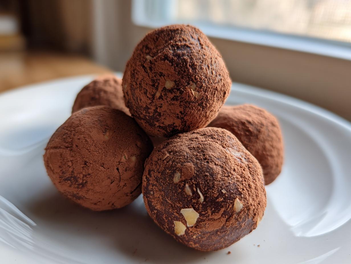 A stack of four rich, dark chocolate Almond Joy truffles dusted heavily with cocoa powder on a white plate.